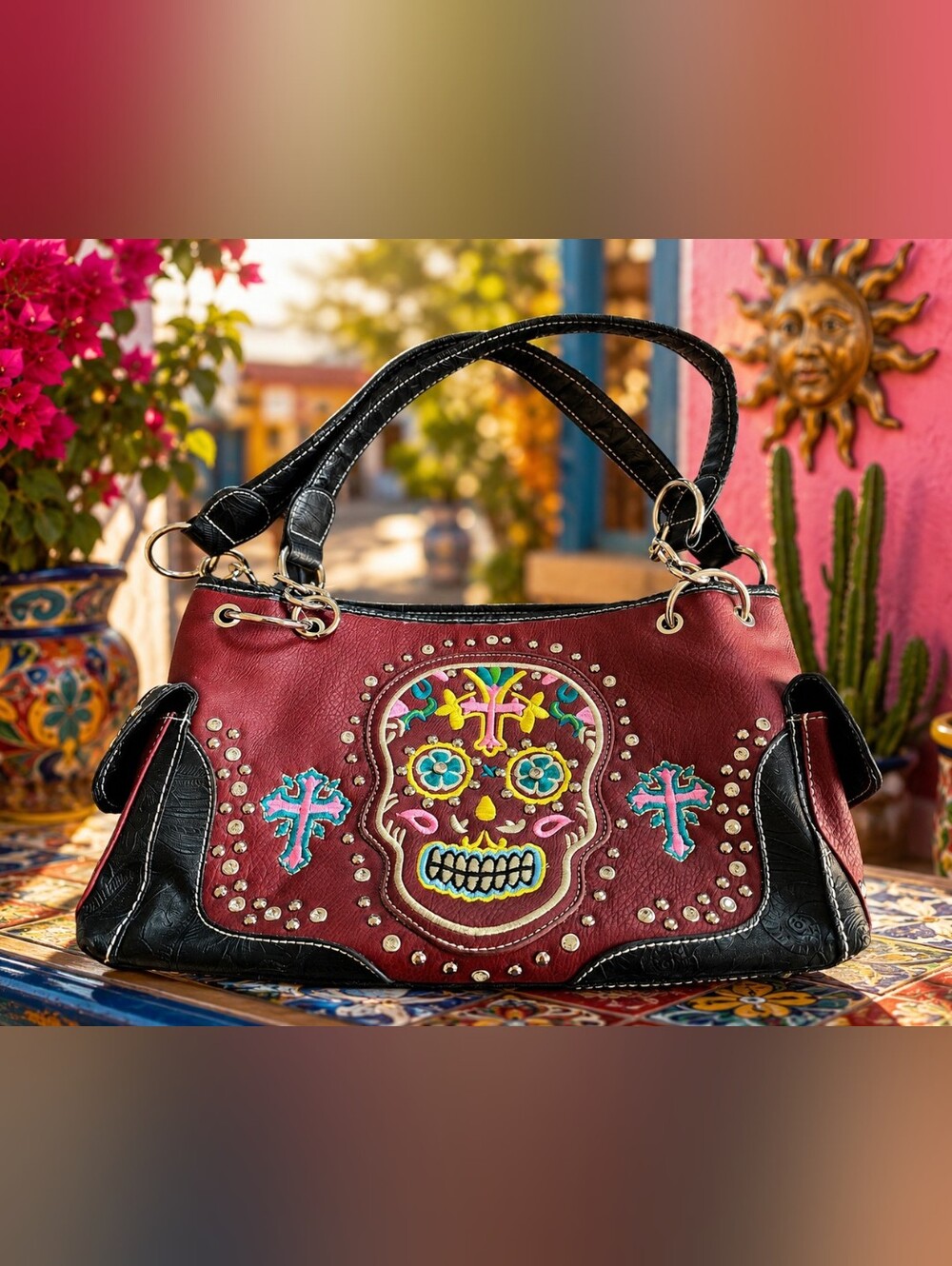 Montana West Conceal Carry Sugar Skull Handtooled Satchel Bag - Black & Burgundy